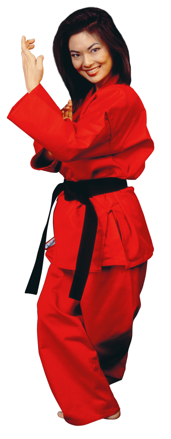 Pretty Asian woman in red karate uniform smiling